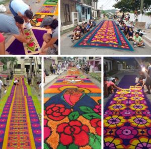 Tapestries laid out for Good Friday Passion Play procession. All photos taken from Benque House of Culture Facebook page. 